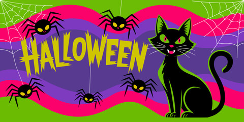Happy Halloween party greeting card with black cat. Spooky banner template. Halloween banner, card, flyer template. Halloween background design illustration. Halloween Promotion Poster. Invitation