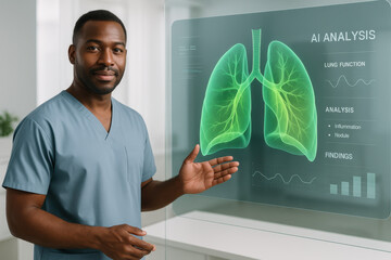 Medical Professional Presents Green Digital Lungs On Transparent Screen In Clinic