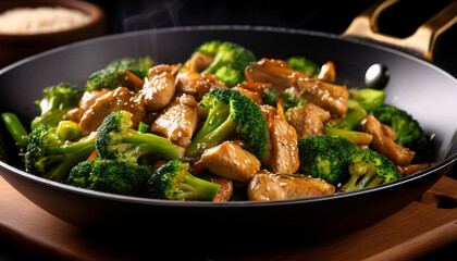 a delicious stir fry of chicken and broccoli in a wok seasoned with a savory sauce