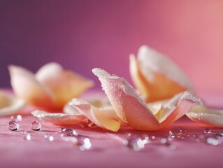 Dew-covered rose petals with blurred pastel background