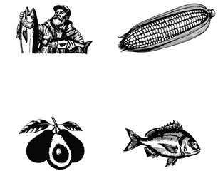 Fototapeta premium Vector art of a fisherman, corn, avocado, and fish are illustrated in black and white