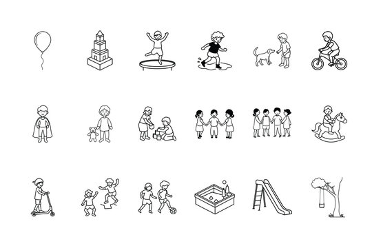 Children playing enjoying various outdoor activities toys activity