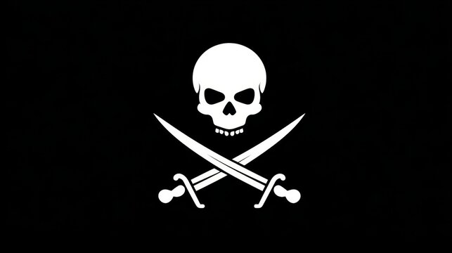 Classic jolly roger pirate flag with skull and crossed swords on black background - Powered by Adobe