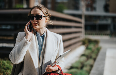 Confident businesswoman walking outdoors while speaking on her phone, dressed in professional...