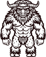 Obraz premium Muscular horned minotaur standing upright in bold black and white line art illustration
