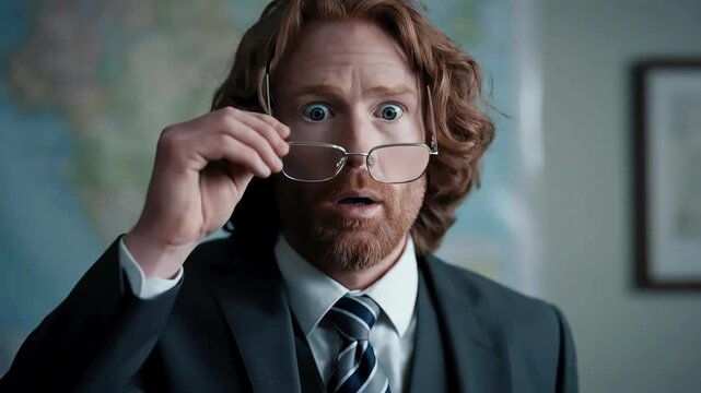 An astonished redhead professional expresses surprise, his eyes wide behind glasses, in a shock and funny reaction