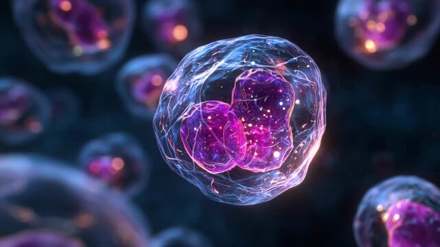 Close-up of cell mitosis with glowing pink nuclei and transparent membrane in gelatinous environment. Concept of life cycle and biological development