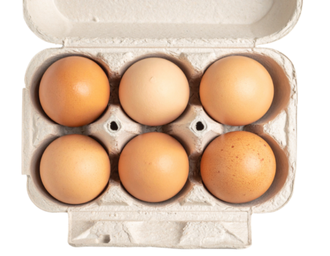  Top View of Six Brown Chicken Eggs in Cardboard Carton, Neatly Aligned, Isolated PNG
