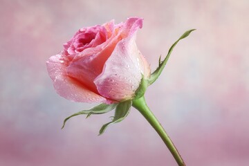 Delicate pink rose with dewdrops soft blurred background