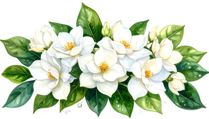 Obraz premium Lush Watercolor Bouquet of Creamy White Gardenias with Green Leaves