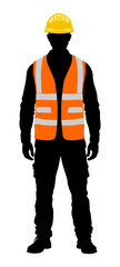 Black silhouette of a worker wearing orange construction vest with reflective gray stripes and yellow helmet, front view, no background