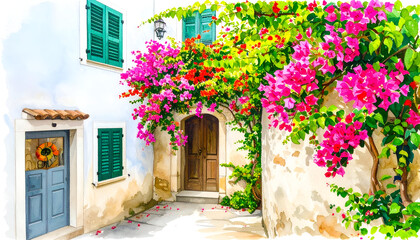 Fototapeta premium Vibrant Watercolor Illustration of Cascading Bougainvillea Flowers