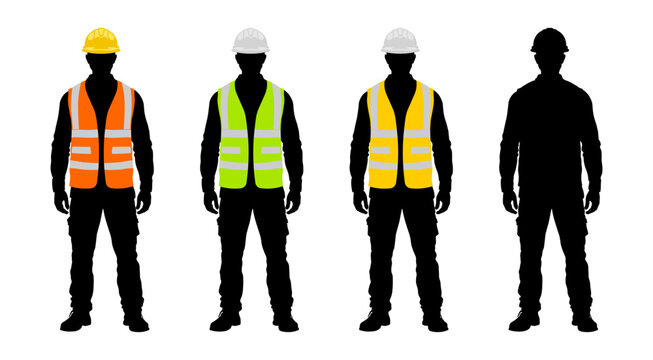 Set of four black silhouettes of construction workers in colored safety vests with reflective stripes and helmets, including orange, yellow, lime green, and black and white version, no background
