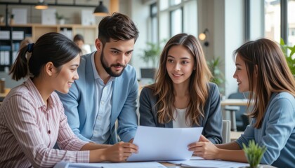 Collaborative team reviewing document in bright modern office workspace