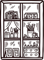 Fototapeta premium Hand drawn illustration of art supply cabinet with frames brushes jars scissors and paint bottles