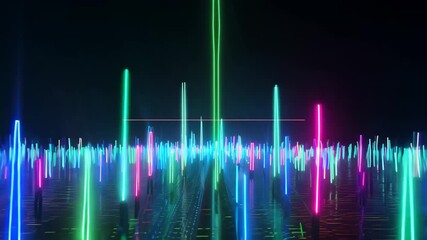 Multicolored vertical sound wave pulses glowing against black background, resembling digital music spectrum. Concept of audio signal and technology interface - Powered by Adobe