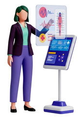 Illustration of a woman interacting with a holographic medical panel. Professional Using Medical Holographic Display. Futuristic Digital Health Illustration