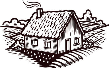 Naklejka premium Rustic countryside house with thatched roof sketch on farmland with fields and garden in vintage engraved