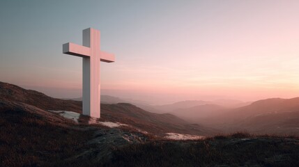 Majestic cross at sunrise on mountain landscape with rolling hills