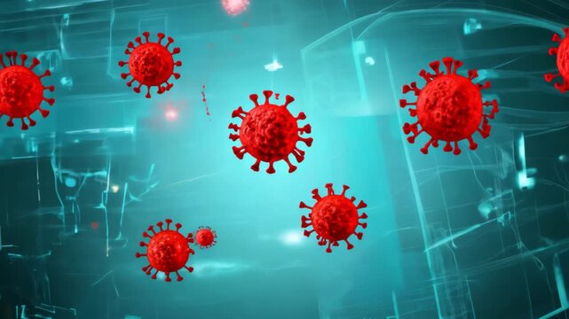 3D floating red viruses over transparent blue HUD interface, simulating infection in futuristic digital context. Concept of global pandemic and data visualization - Powered by Adobe
