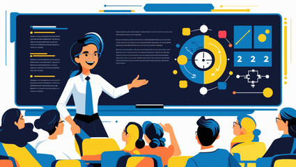 Teacher presenting information in front of a classroom with engaging visual aids