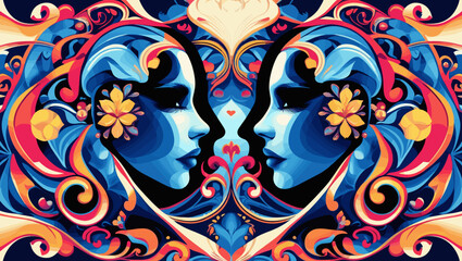 Vibrant artistic portrait of two faces surrounded by decorative patterns