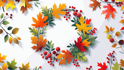 Autumn wreath made of colorful leaves and berries on a white background