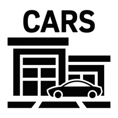 A black and white illustration of a car parked in front of a car dealership building with cars text