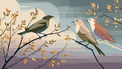 Stylized birds sitting on branches with autumnal leaves and soft background
