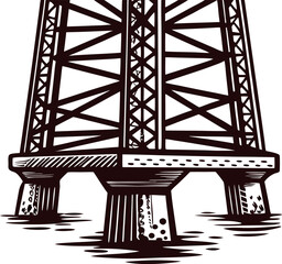 Naklejka premium Detailed hand drawn oil drilling rig base in vintage engraving style, platform structure with water reflection