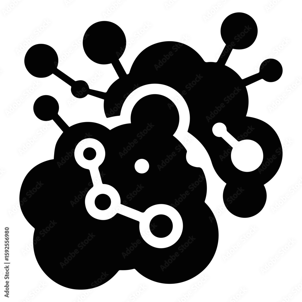 Poster vector illustration of connected black blobs with smaller circles attached representing a network de