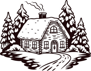Fototapeta premium Rustic log cabin illustration surrounded by snow covered evergreen trees and winding path in winter woods
