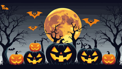 Spooky Halloween scene with carved pumpkins and full moon