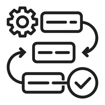 Vector Illustration of a workflow process with a gear, rectangular boxes, arrows, and a checkmark icon