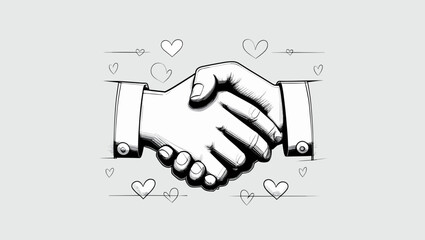 Sketch of a handshake surrounded by hearts in monochrome style