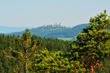 View through Tree Crowns to Ancient Czech Castle on Hill Top