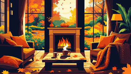 Cozy autumn living room with orange decor and fireplace