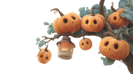 Transparent halloween pumpkin decorations on tree whimsical art bright environment playful viewpoint
