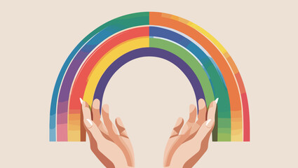 Colorful rainbow with hands holding it in pastel style