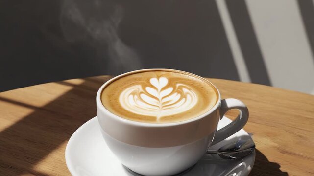 Delicate steam swirls upward from the cappuccino, gently twisting above the intricate latte art