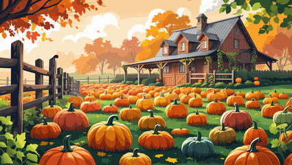 Pumpkin field in autumn with cozy farmhouse and colorful pumpkins