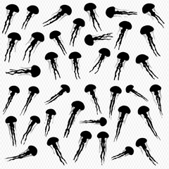 A collection of silhouetted jellyfish floating in various orientations against a transparent background.