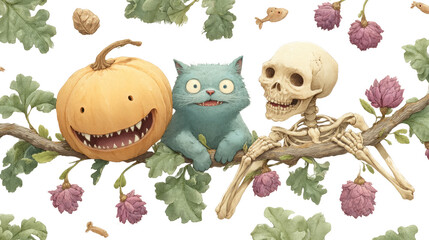 Transparent halloween creatures whimsical pumpkin skeleton and cat characters in a playful garden setting