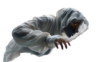 Transparent halloween spirit emerging from the shadows haunting atmosphere digital art eerie environment close-up view