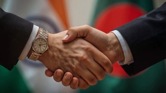 Blurred India-Bangladesh Flags Behind Diplomatic Handshake, Close-Up Emotional Moment


