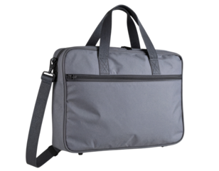Gray Laptop Bag Hanging on Invisible Hook, Angled Side View with Strap