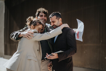 Three colleagues embrace happily outdoors, exuding teamwork and success. They share a joyous moment, symbolizing collaboration and achievement.