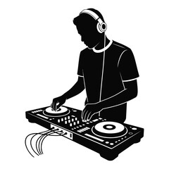 Silhouette illustration of a DJ mixing tracks, black and white vector isolated on white background