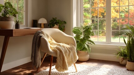 Cozy home office with chair and low light by big window overlooking autumn garden
