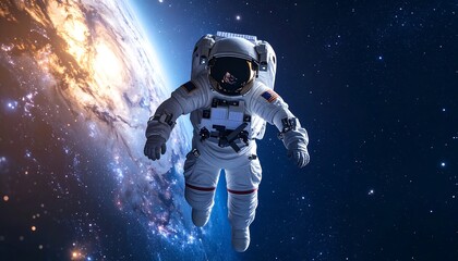 Astronaut in space suit, floating near Earth